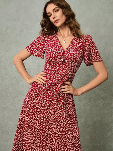 V-Neck Ditsy Floral Long Dress